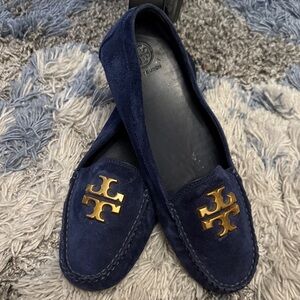 Used Tory Burch Deep Blue Suede Loafers with Gold Emblem
